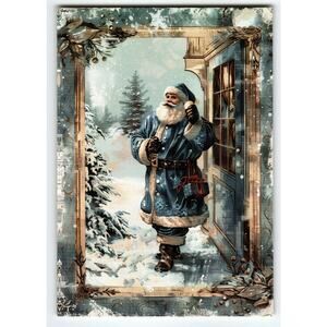 Vintage Blue Coat Santa Claus Outside Christmas Lithograph Postcard 5.5x4"